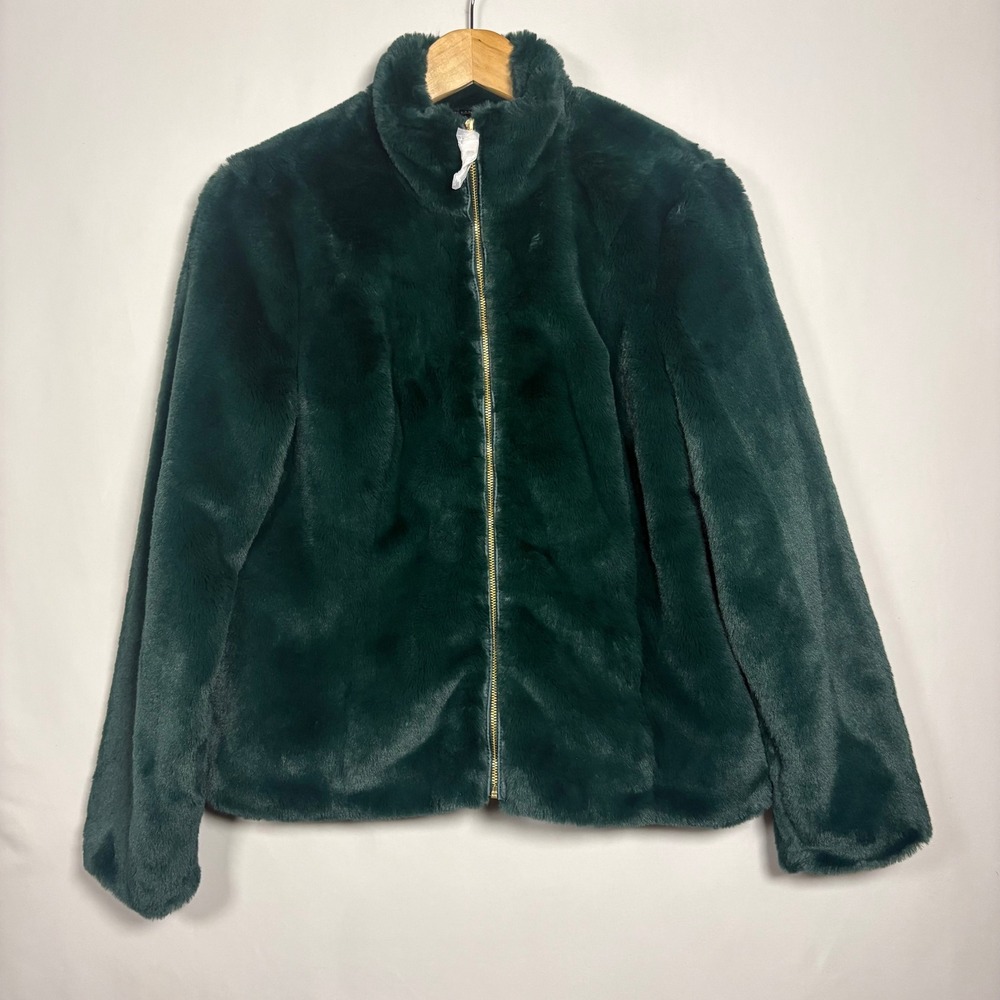 Colleen Lopez Emerald Green Faux Fur Full Zip Bomber Jacket Stand Collar Small